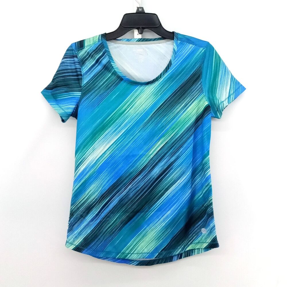 Reel Legends Shirt Women Small Blue Green Diagonal Striped Short Sleeve Outdoors